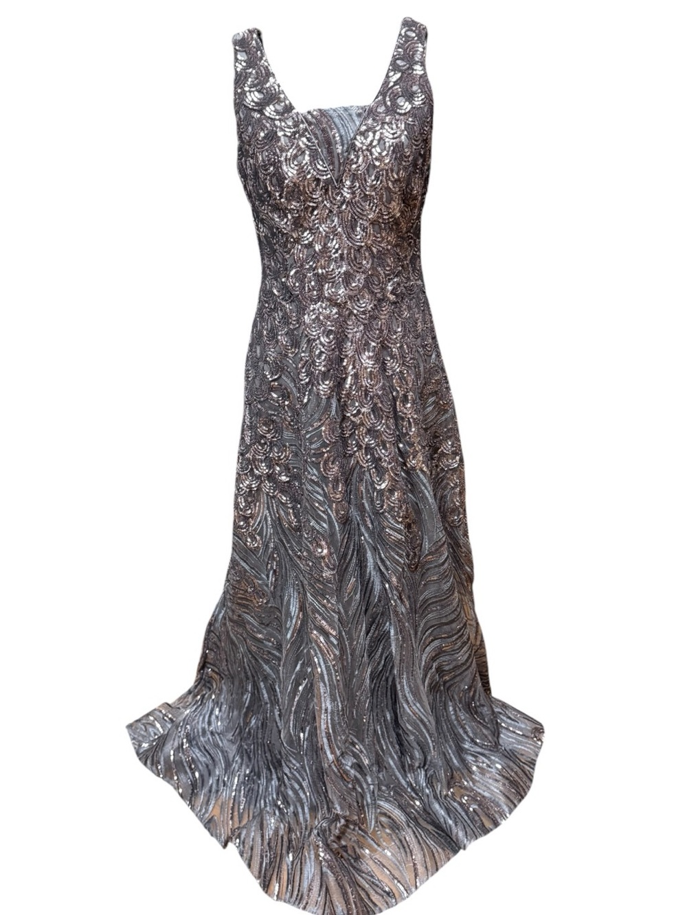 JVN by Jovani Silver Gray Sequin A-Line Evening Fabulous Art Deco Formal Gown